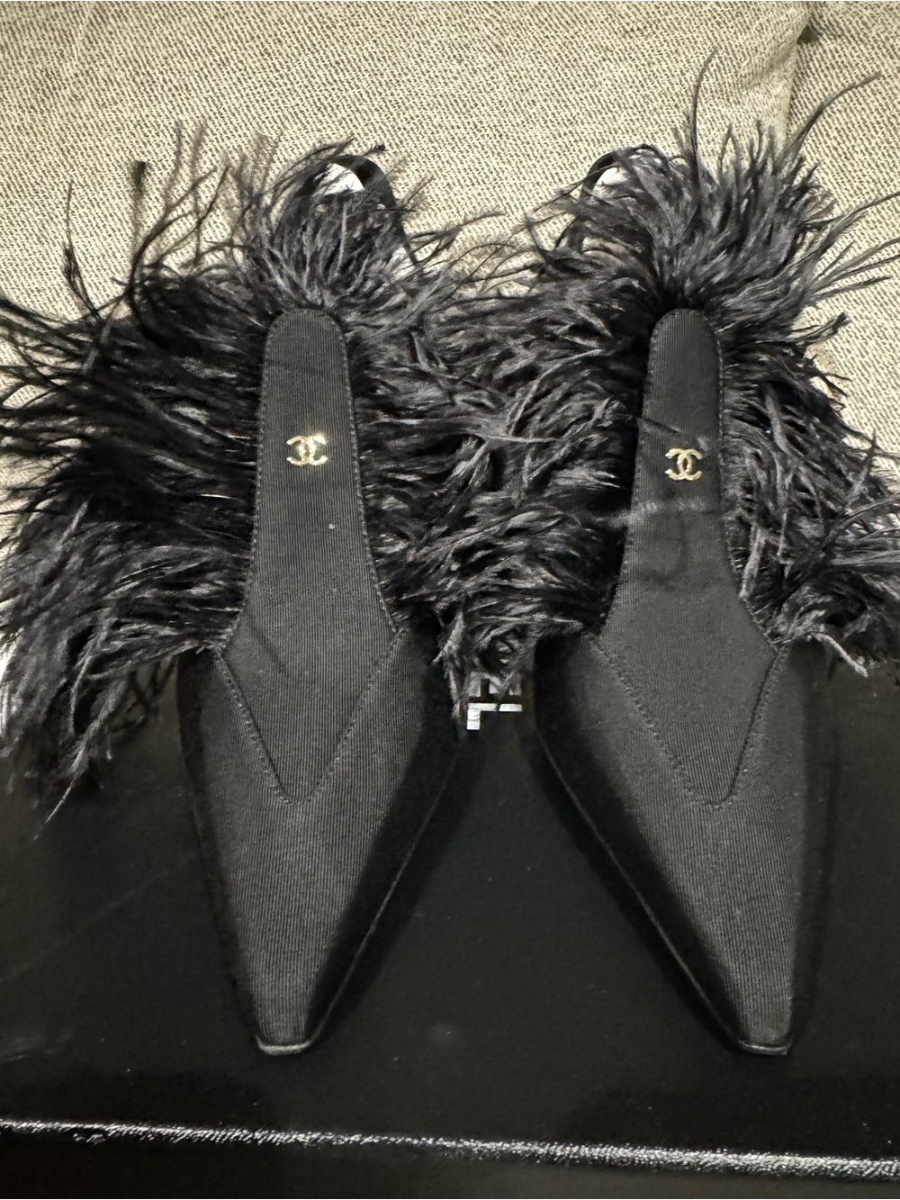 CHANEL Black Feather-Trim Matthew Blazy heeled mules